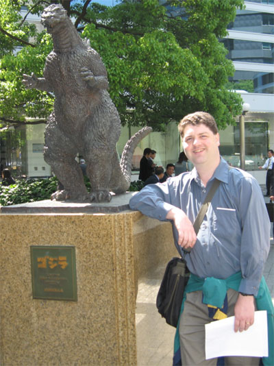 at the Godzilla statue in Tokyo, spring 2006